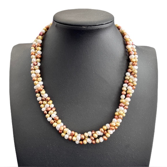 Triple Strand Multicolor Freshwater Pearl Sterling Silver Necklace 17.5”